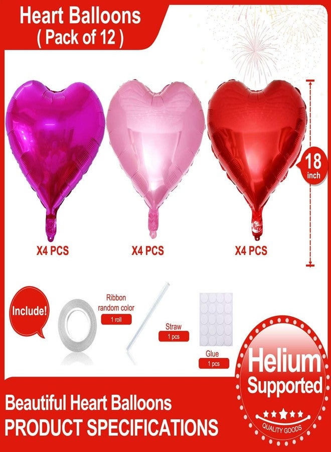 Lovoir 12 Pcs Red Heart Shape Foil Mylar Balloons 18 Inch Love Balloons for Valentine's Day Birthday Party Decorations Wedding Engagement Romantic Decor (Red & Pearl Pink & Hot Pink) - Image 2